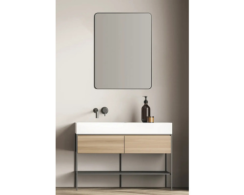 Badezimmerwaschtisch mit Spiegel, Waschbecken, Armatur und Unterschrank mit Schubladen