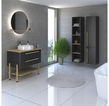 Modernes Badezimmer mit Waschtisch, Spiegel, Schrank und Pflanze.