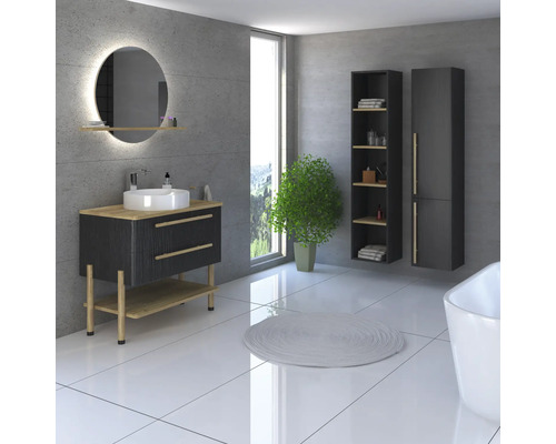 Modernes Badezimmer mit Waschtisch, Spiegel, Schrank und Pflanze.