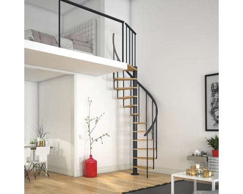 Innenansicht mit Wendeltreppe aus Stahl und Holz, die zu einem erhöhten Schlafbereich führt