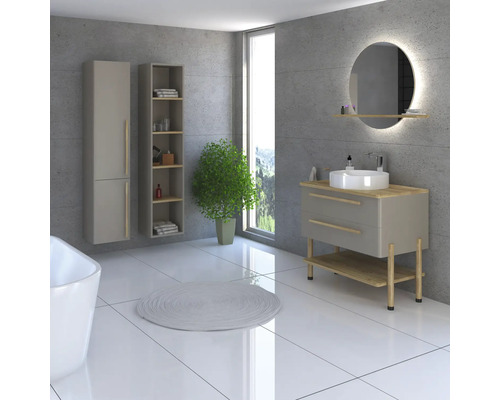 Helles Badezimmer mit Waschbecken, Spiegel, Schränken und Pflanze