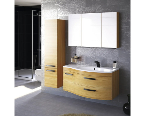 Badezimmer mit Waschtischunterschrank, Spiegelschrank, Hochschrank und Dusche.