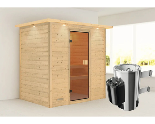 Plug & Play Sauna Karibu Selena inkl.3,6 kW Ofen u.integr.Steuerung mit Dachkranz und bronzierter Ganzglastüre