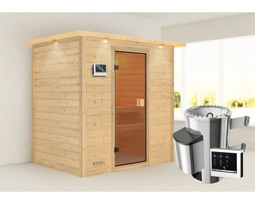 Plug & Play Sauna Karibu Selena inkl.3,6 kW Ofen u.ext.Steuerung mit Dachkranz und bronzierter Ganzglastüre