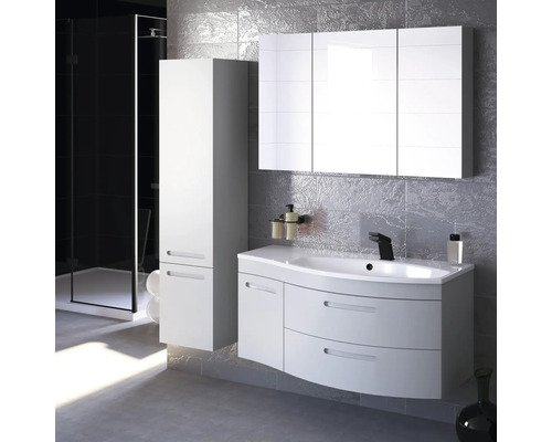 Badezimmer mit Waschbeckenunterschrank, Spiegelschrank, Hochschrank und Dusche