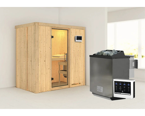 Elementsauna Karibu Mariado inkl. 9 kW Bio Ofen u.ext.Steuerung ohne Dachkranz mit Ganzglastüre aus Klarglas