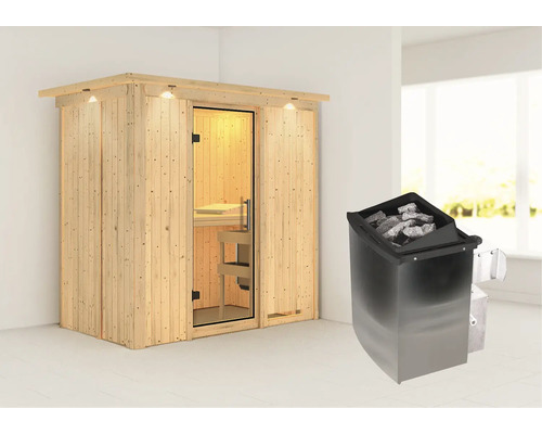 Elementsauna Karibu Mariado inkl. 9 kW Ofen u.integr.Steuerung mit Dachkranz und Ganzglastüre aus Klarglas