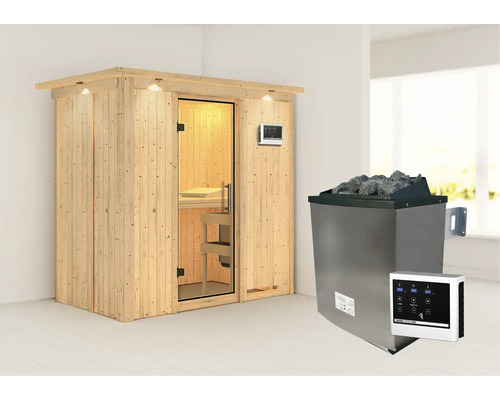 Elementsauna Karibu Mariado inkl. 9 kW Ofen u.ext.Steuerung mit Dachkranz und Ganzglastüre aus Klarglas