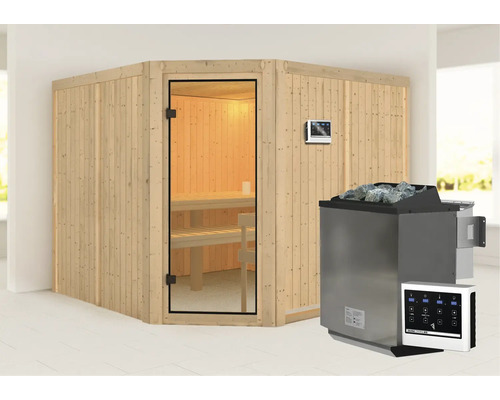 Elementsauna Karibu Ystadt inkl. 9 kW Bio Ofen u.ext.Steuerung ohne Dachkranz mit bronzierter Ganzglastüre