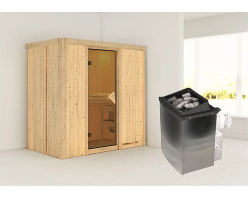 Elementsauna Karibu Mariado inkl. 9 kW Ofen u.integr.Steuerung ohne Dachkranz mit bronzierter Ganzglastüre