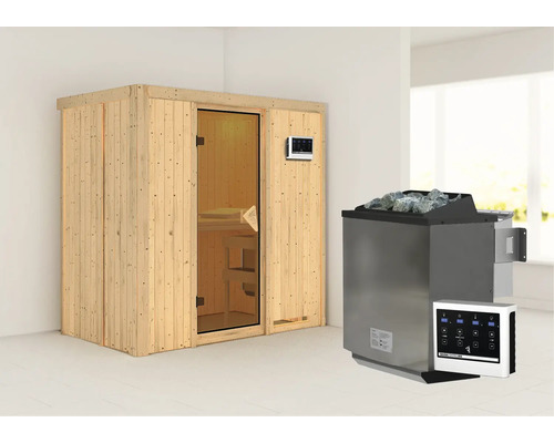 Elementsauna Karibu Mariado inkl. 9 kW Bio Ofen u.ext.Steuerung ohne Dachkranz mit bronzierter Ganzglastüre