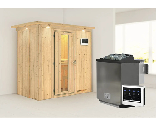 Elementsauna Karibu Mariado inkl. 9 kW Bio Ofen u.ext.Steuerung mit Dachkranz und Holztüre mit Isolierglas wärmegedämmt