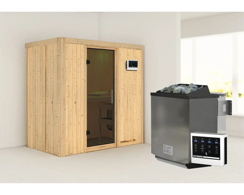 Elementsauna Karibu Mariado inkl. 9 kW Bio Ofen u.ext.Steuerung ohne Dachkranz mit graphitfarbiger Ganzglastüre