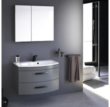 Modernes Badezimmer mit Waschbeckenunterschrank, Spiegelschrank und Handtuchhalter