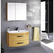 Badezimmer mit Waschtischunterschrank, Waschbecken und Spiegelschrank