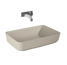 Aufsatzwaschbecken in Beige mit Wandarmatur aus Chrom