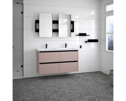 Modernes Badezimmer mit Waschtischunterschrank, Doppelwaschbecken und Spiegelschrank