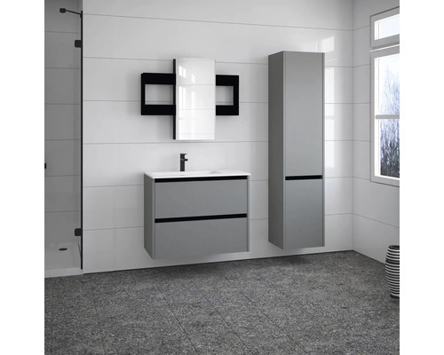 Modernes Badezimmer mit Waschbeckenunterschrank, Spiegelschrank, Hängeschrank und Dusche