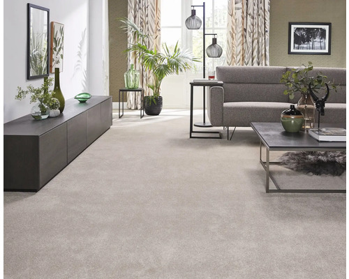 Wohnzimmer mit hellem Teppich, Sofa, Tisch und Pflanzen