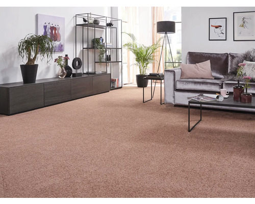 Wohnzimmer mit Teppichboden, Sofa, Regalen und Dekoration