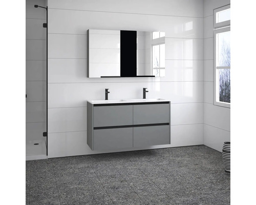 Modernes Badezimmer mit grauem Waschtischunterschrank, Doppelwaschbecken, Spiegelschrank und Dusche