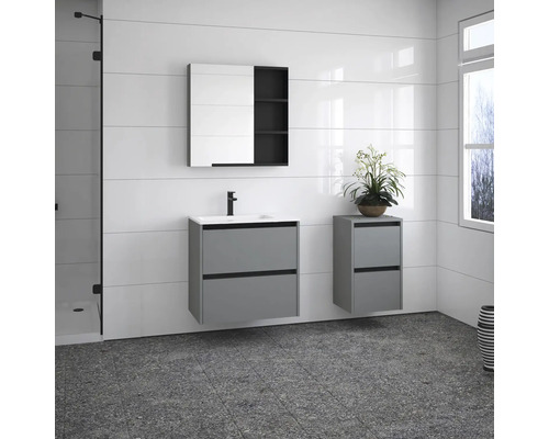 Modernes Badezimmer mit Waschbeckenunterschrank, Spiegelschrank und zusätzlichem Schrank für mehr Stauraum