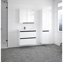 Badezimmer mit Waschbeckenunterschrank, Spiegelschrank und Hochschrank