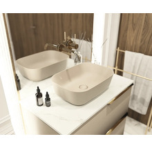 Badezimmerwaschtisch mit zwei Aufsatzwaschbecken und Armatur