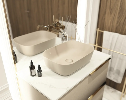 Badezimmerwaschtisch mit zwei Aufsatzwaschbecken und Armatur