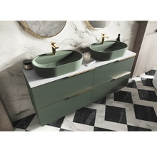 Badezimmer mit Doppelwaschbecken in Grün auf einem Unterschrank mit Schubladen
