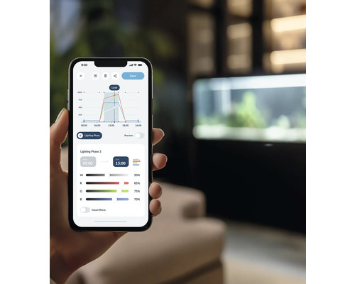 Ein Smartphone zeigt eine App zur Steuerung von Aquarienbeleuchtung mit Diagrammen und Einstellungen.