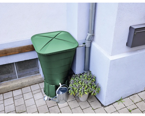 Regentonne neben Regenrohr mit Gießkanne und Topfpflanze