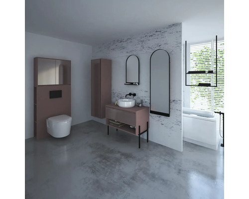 Helles Badezimmer mit Waschbecken, Spiegeln, Toilette, Badewanne und Möbeln