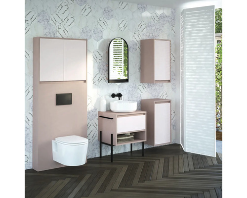 Modernes Badezimmer mit Waschtisch, Spiegelschrank, Hänge-WC und Mosaikfliesen