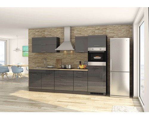 Küchenzeile Held Möbel Mailand 608.1.6211 grau/grafit 290 cm inkl. Einbaugeräte Moderne Küche mit grauen Schränken, Edelstahl-Kühlschrank und integriertem Ofen.