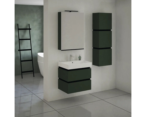 Modernes Badezimmer mit Waschtisch, Spiegelschrank und Regal