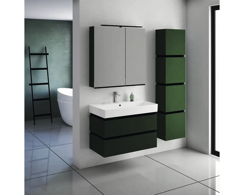 Modernes Badezimmer mit Waschtisch, Spiegelschrank und Hochschrank