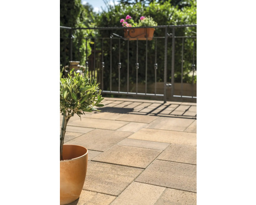 Terrasse mit Pflastersteinen, Pflanzen und Geländer