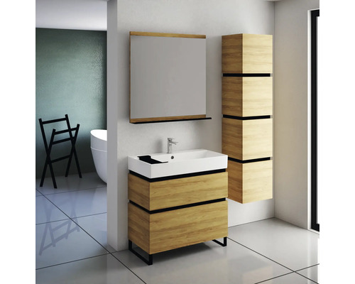 Modernes Badezimmer mit Waschtischunterschrank, Spiegel und Hochschrank in Holzoptik