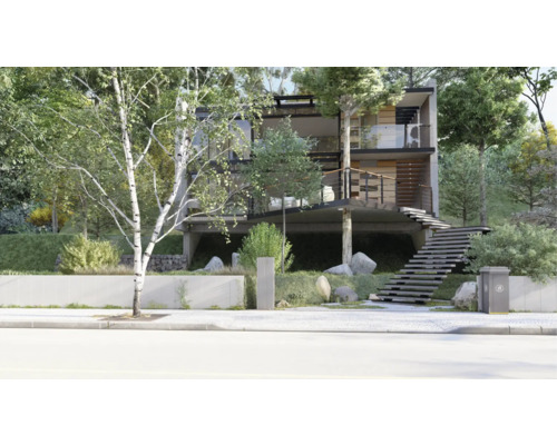 Modernes zweistöckiges Haus mit Außentreppe und umgebender Vegetation.