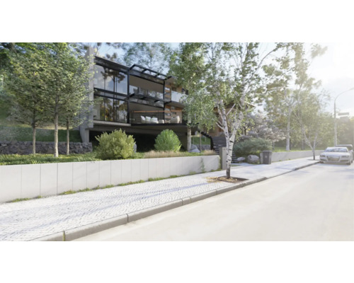 Modernes Haus mit Gartenanlage und Straßenansicht.