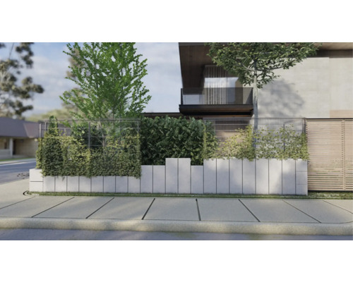 Moderner Garten mit Betonmauer, Bewuchs und Metallgitter