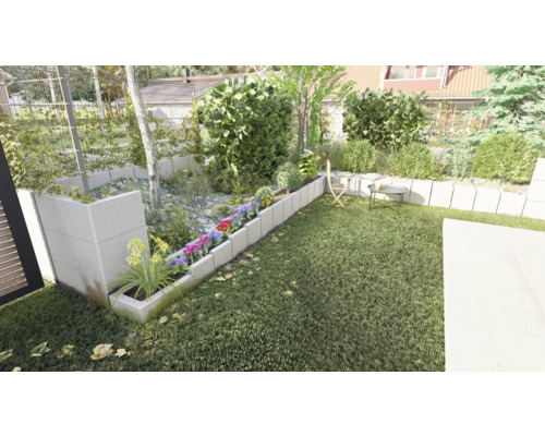 Gestalteter Garten mit Rasenfläche, Blumenbeeten aus Betonsteinen und Sitzbereich
