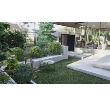 Gartenszene mit Pflanzen, Rasenfläche, Gartenmöbeln und modernem Haus