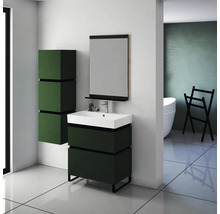Modernes Badezimmer mit Waschbeckenunterschrank, Spiegelschrank und Hängeschrank in Grün.
