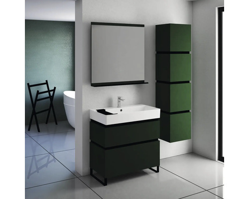 Modernes Badezimmer mit Waschbeckenunterschrank, Spiegelschrank und Hochschrank