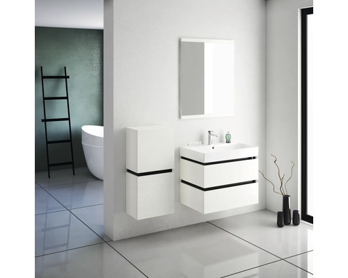 Modernes Badezimmer mit Waschtisch, Spiegelschrank und Hochschrank in Weiß