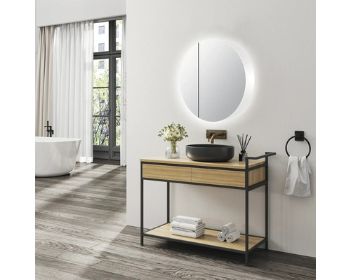 Modernes Badezimmer mit Waschtisch, Aufsatzwaschbecken und rundem Spiegel mit Beleuchtung