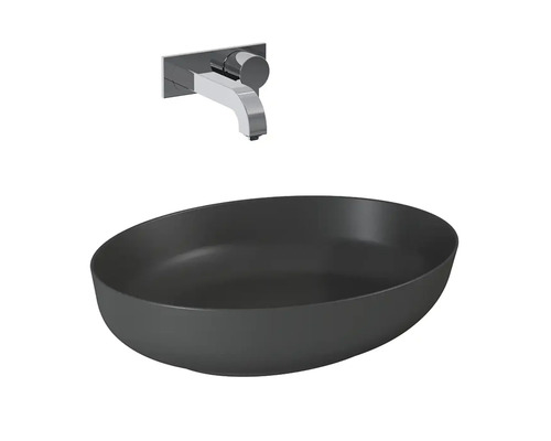 Schwarzes Aufsatzwaschbecken mit Wandarmatur
