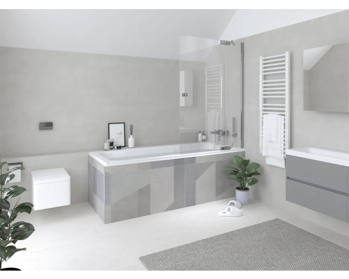 Helles Badezimmer mit Badewanne, Waschbecken, Heizkörper und Toilette in einem modernen Design.